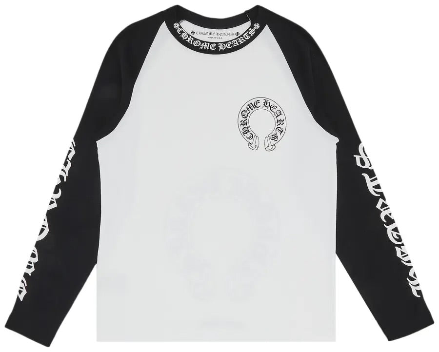 Chrome Hearts Horseshoe Neck Logo 3/4 Shirt in Black and White ☑️🏴