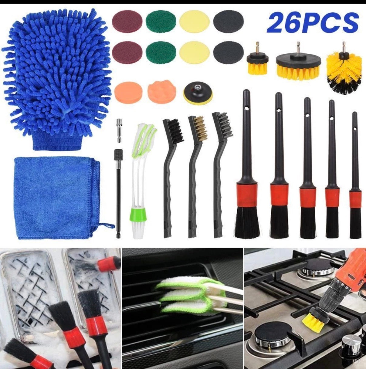 26PCS Car Cleaning Kit Auto Interior Exterior Detailing Brush Set w/Gloves Towel