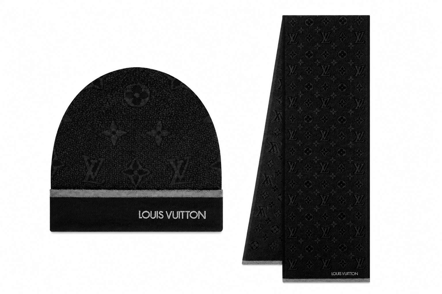 Louis Vuitton Beanie Monogram Eclipse LV Hat & Scarf Set