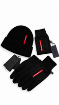 PRADA Men's Black Knit Beanie & Touchscreen Gloves Set