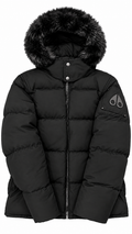 Moose Knuckles Men’s Black Hooded Nylon Down Puffer Jacket Zip/Button Logo - Authenticity Guaranteed