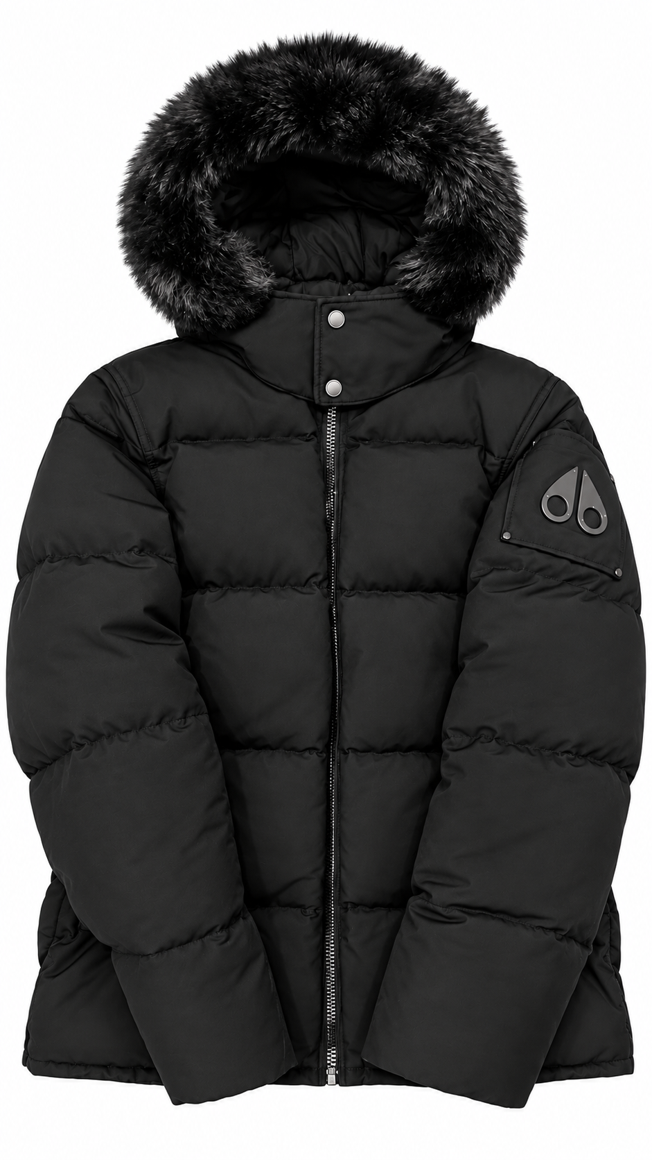Moose Knuckles Men’s Black Hooded Nylon Down Puffer Jacket Zip/Button Logo - Authenticity Guaranteed
