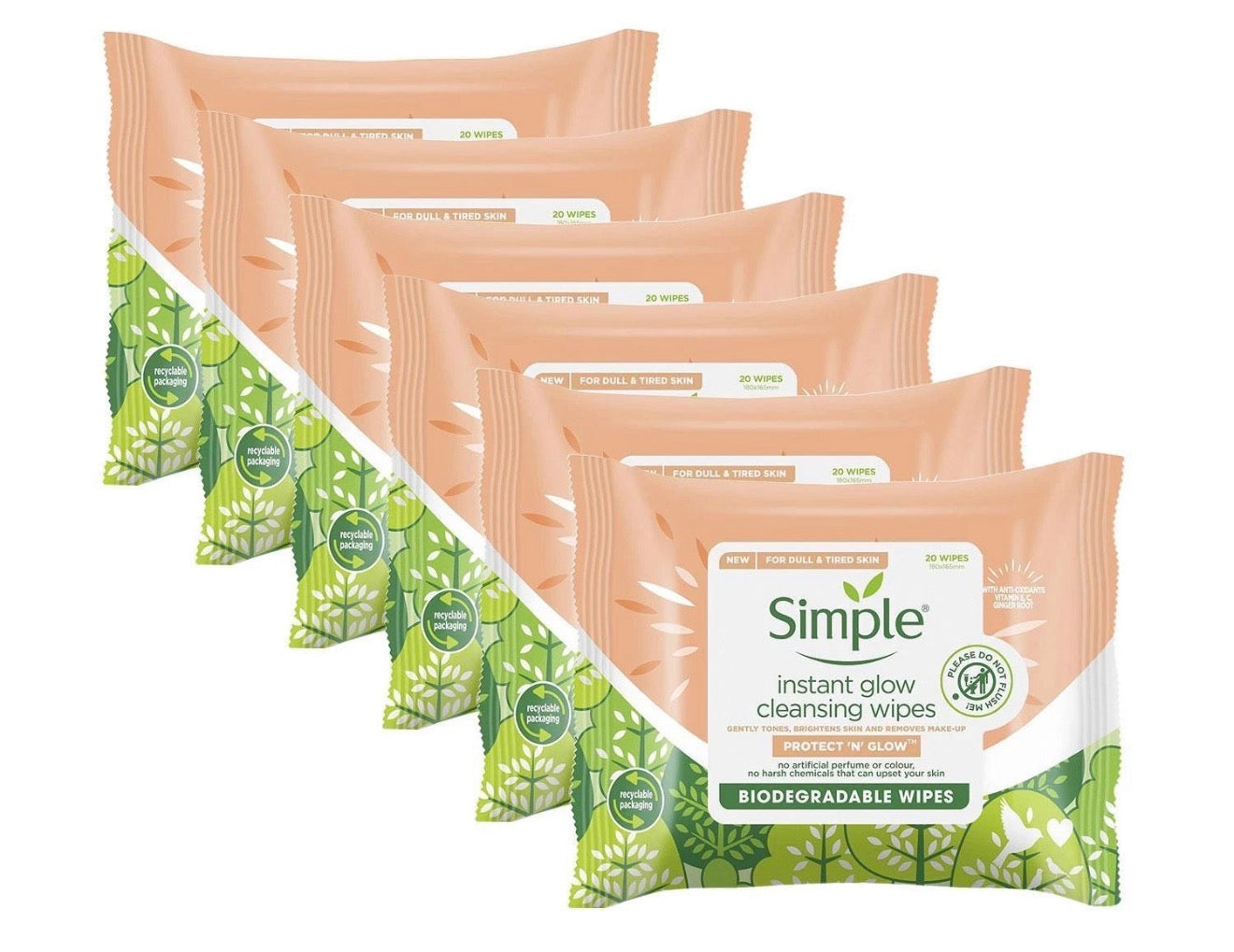 6pk of Simple Protect 'N' Glow Instant Cleansing Wipes for Dull & Tired Skin