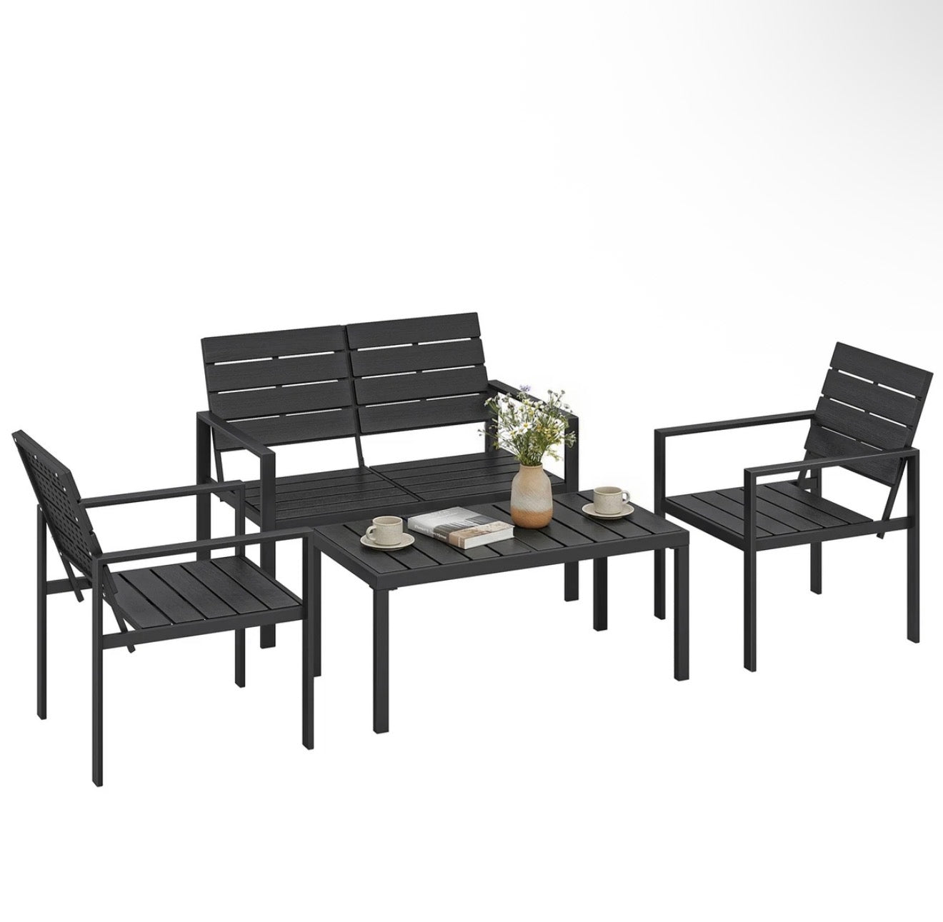 Outsunny 4 Piece Garden Furniture Set, HDPE Metal Outdoor Sofa, Black