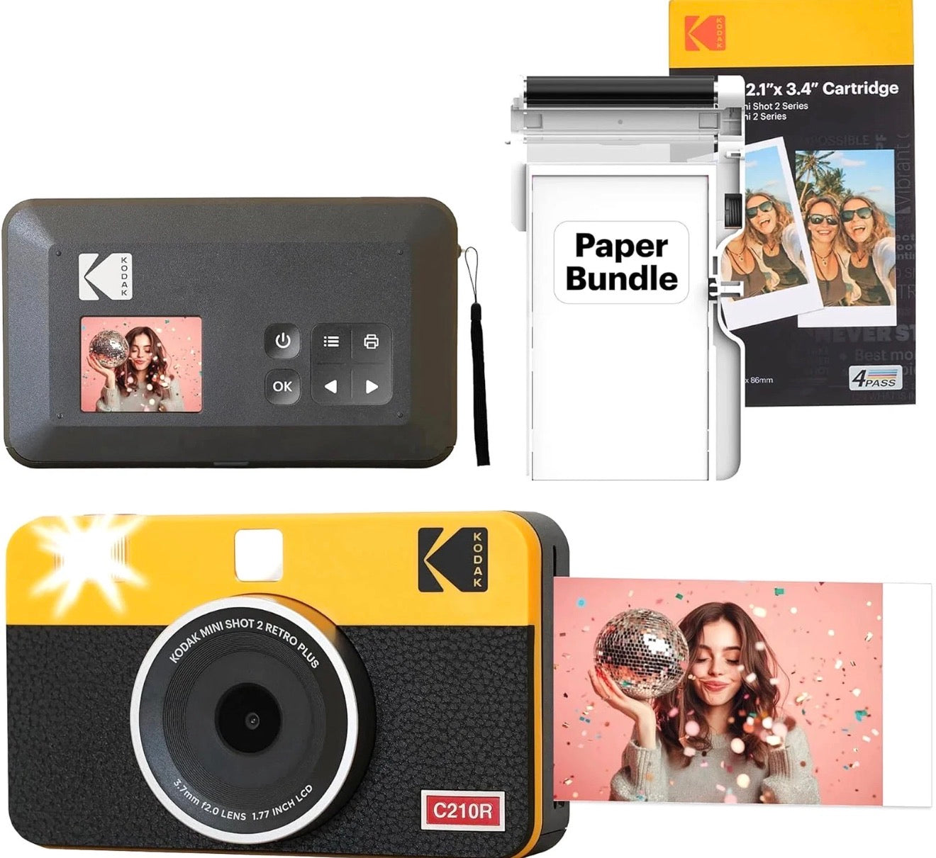 KODAK Mini Shot 2 Retro 4PASS 2-in-1 Camera Printer Combo Yellow 38 Sheet Bundle