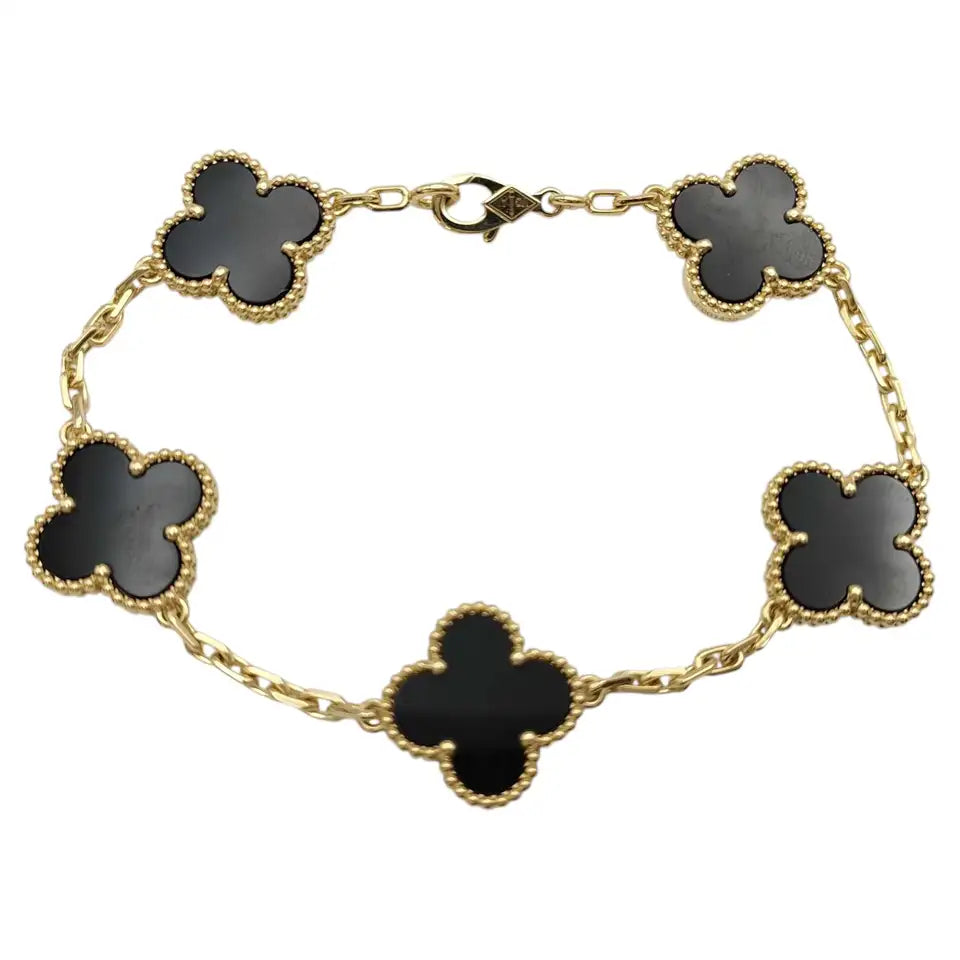 Van Cleef & Arpels Vintage Alhambra 5 Motif Black Onyx Yellow Gold Bracelet