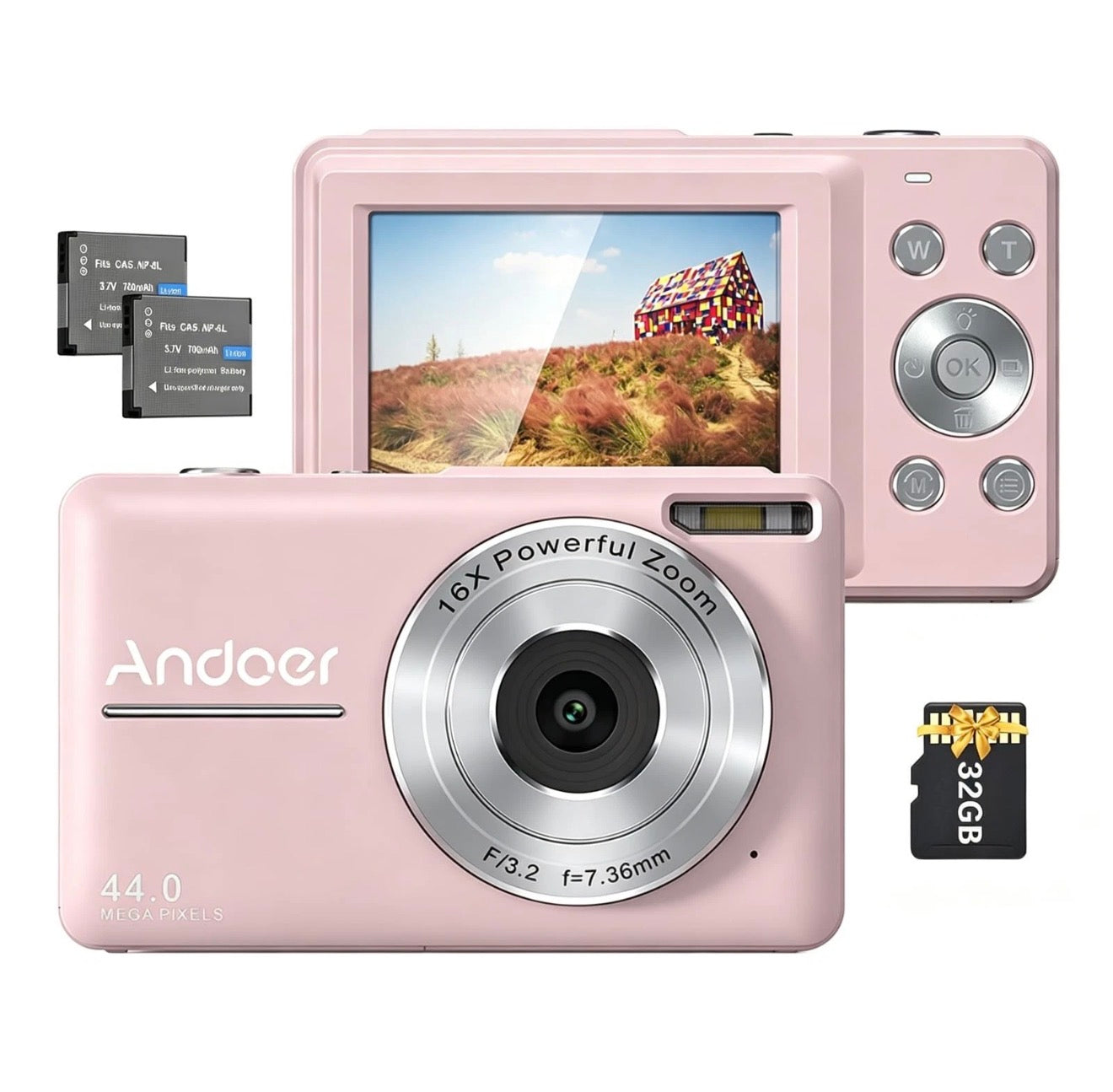 Andoer Digital Camera 44MP 1080P 32GB Card 16X Zoom 2 Batteries SD LCD microSD