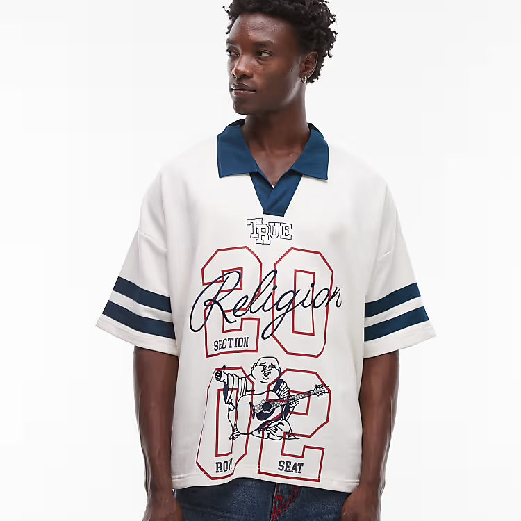 True Religion oversized contrast collar detail motif sports top in cream ⚫️☑️