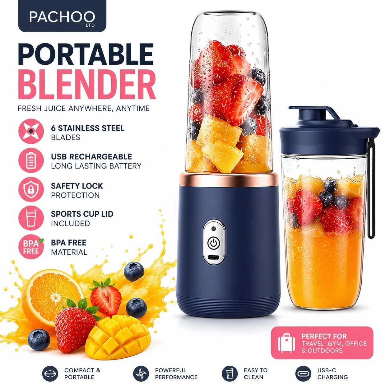 Portable Blender USB Rechargeable Smoothie Maker Juicer Bottle - New 🏴