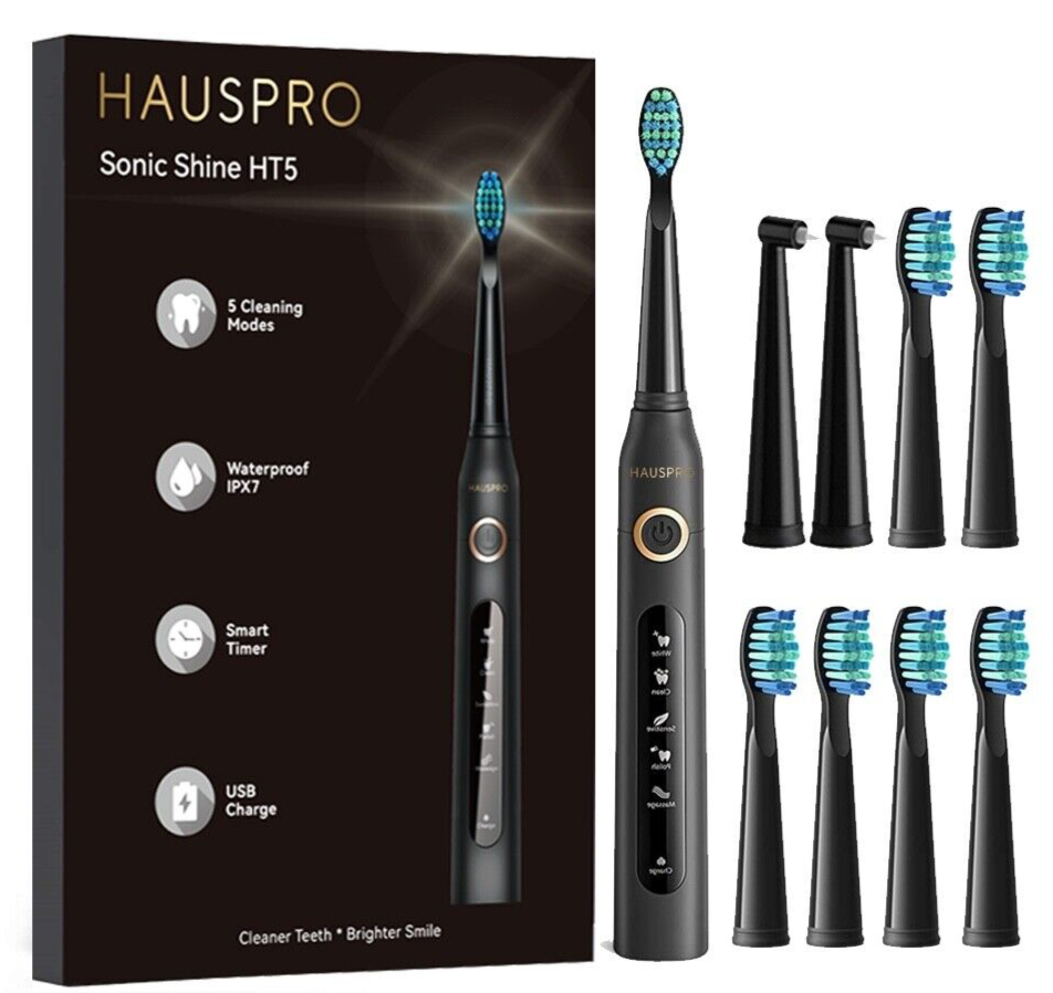 Electric Toothbrush HAUSPRO HT5 Sonic Black 8 Heads 5 Modes Travel Case USB Oral - New 🏴