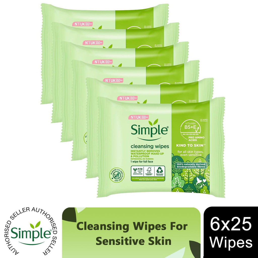 6 x 25 Wipes Simple Kind to Skin Cleansing Wipes For Sensitive Skin - New 🏴