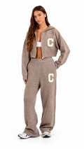 CERNUCCI INTARSIA CROPPED ZIP THROUGH HOODIE & JOGGER - TAUPE | Authenticy Guaranteed