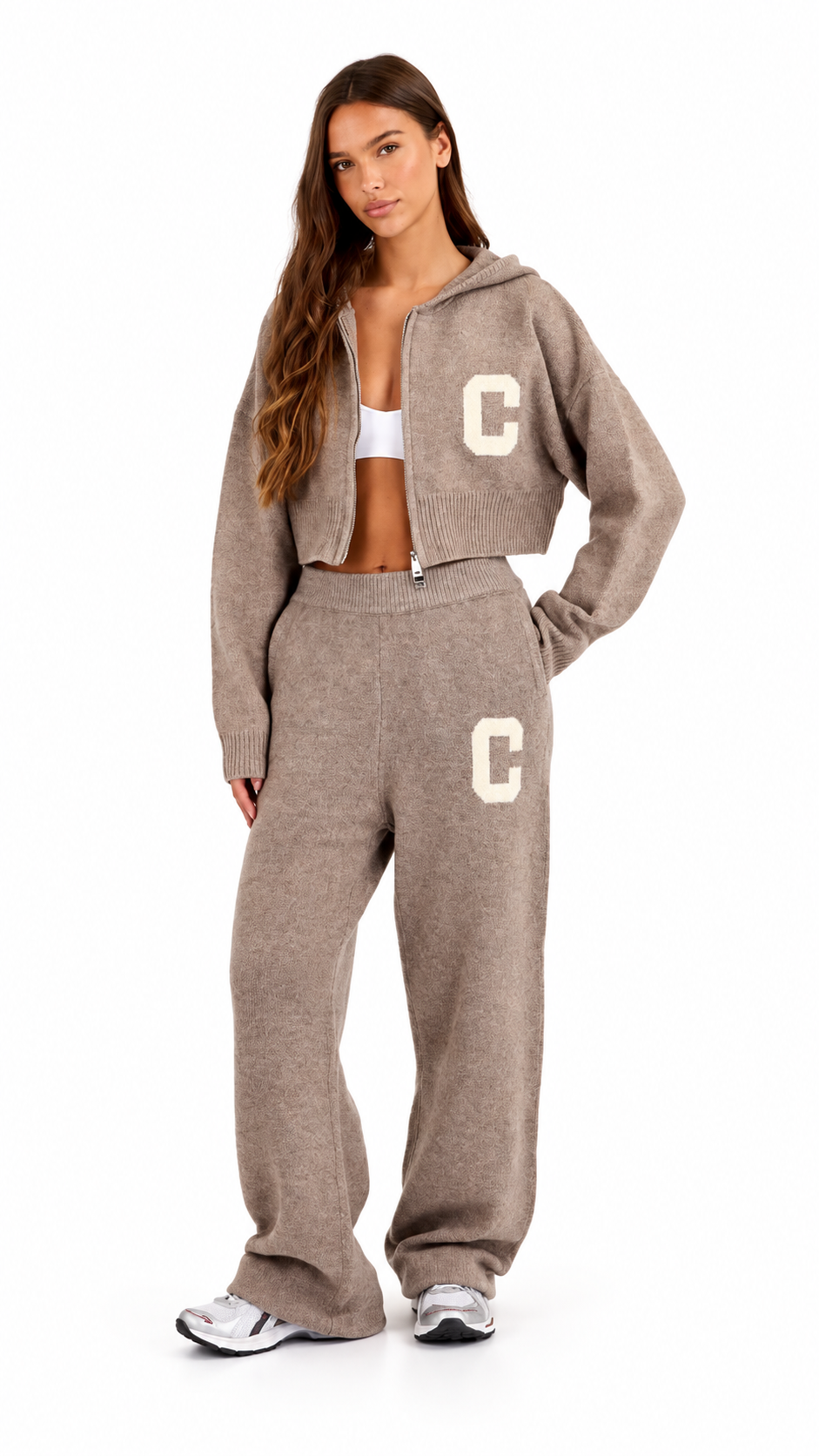 CERNUCCI INTARSIA CROPPED ZIP THROUGH HOODIE & JOGGER - TAUPE | Authenticy Guaranteed