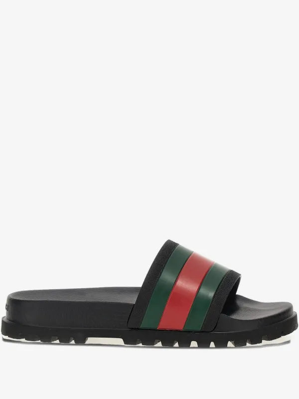 “SALE” Gucci Men's Web Rubber Slide Sandals ‘Black GRB’ - Multiple Sizes