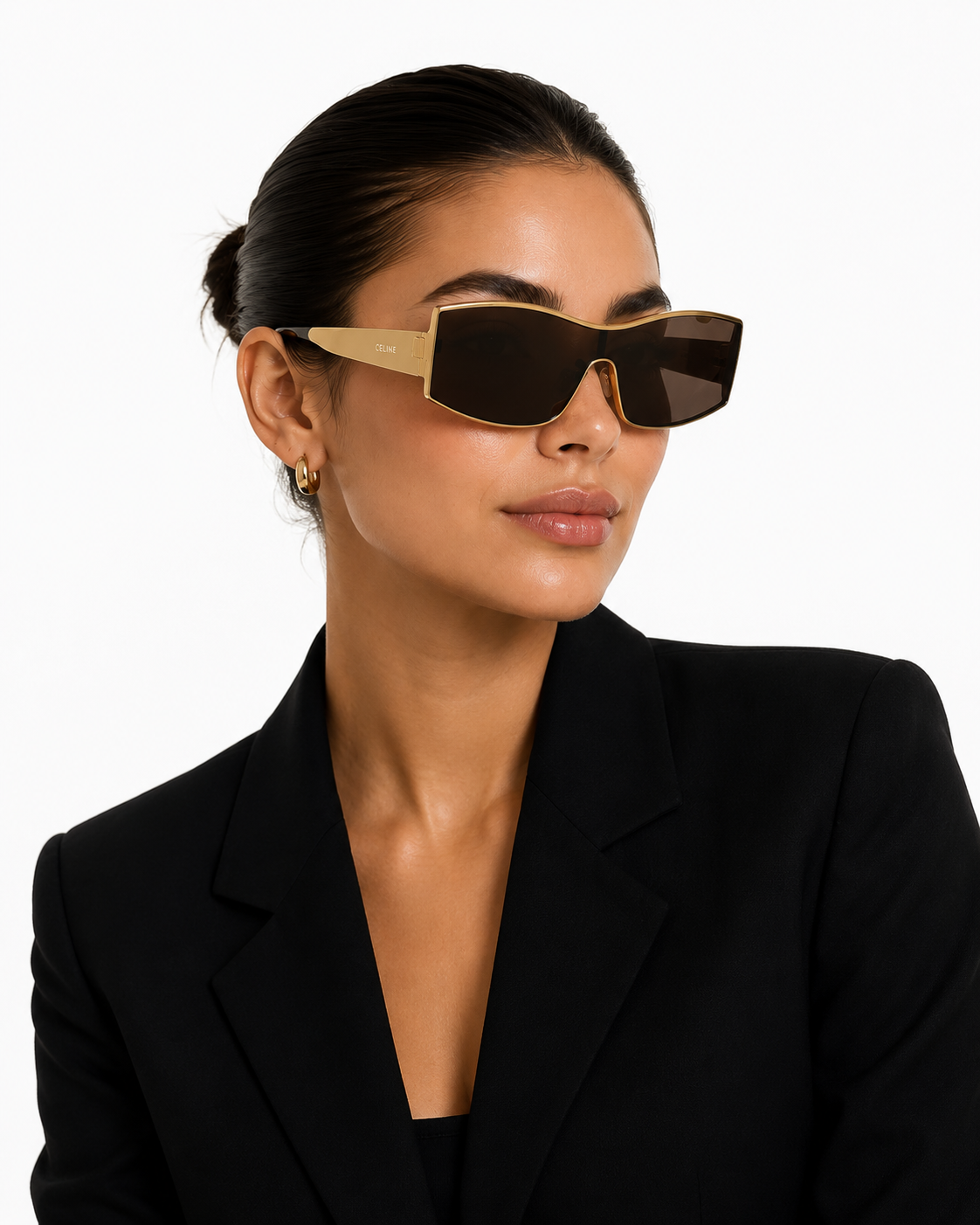 CELINE Triomphe Shield Sunglasses Gold Brown Lens Oversized Unisex w/ Case