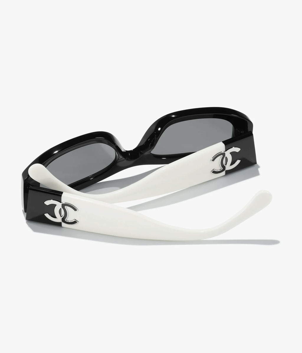 Chanel Rectangle Sunglasses Black/White w. Polarized Gray Lens. CH5525