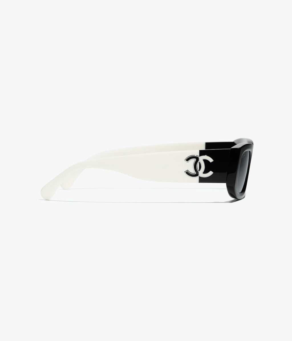 Chanel Rectangle Sunglasses Black/White w. Polarized Gray Lens. CH5525