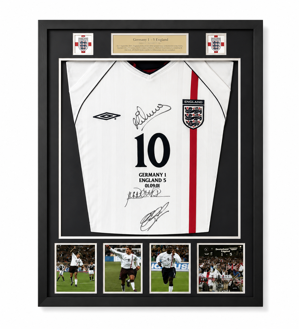 England 2001 Framed Signed Shirt - Heskey, Gerrard, Owen