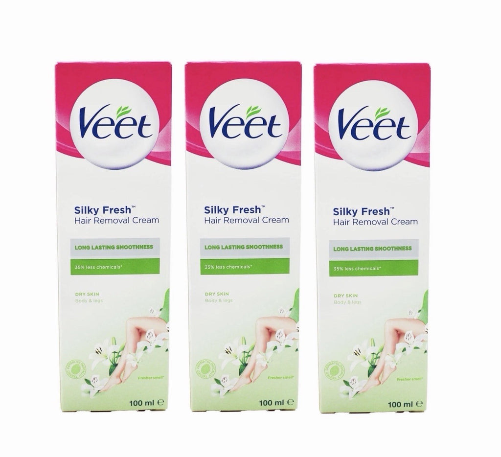 Veet Silky Fresh Hair Removal Cream For Dry Skin Body & Legs 100ml, Pack of 3 - New 🏴