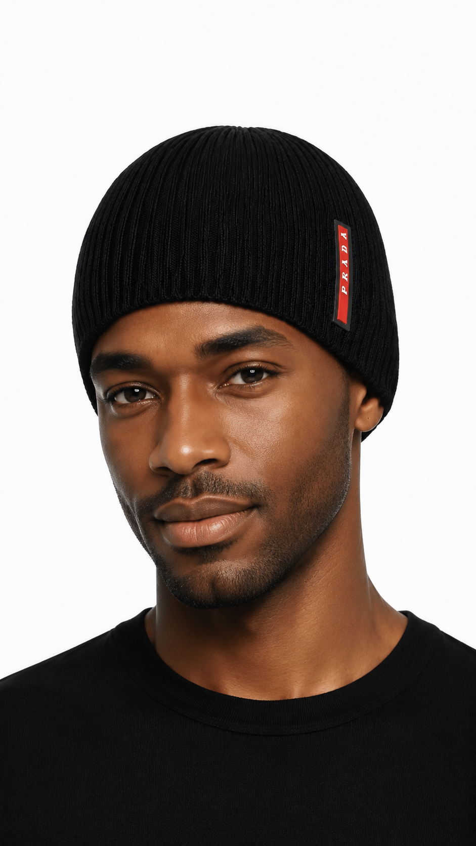 PRADA Knit Logo Beanie Hat Black