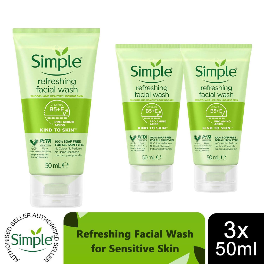 Simple Kind to Skin Soap Free Refreshing Facial Gel Wash 50ml, 3 Pack - New 🏴