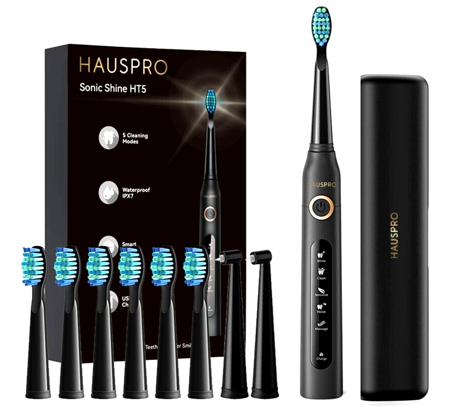 Electric Toothbrush HAUSPRO HT5 Sonic Black 8 Heads 5 Modes Travel Case USB Oral - New 🏴