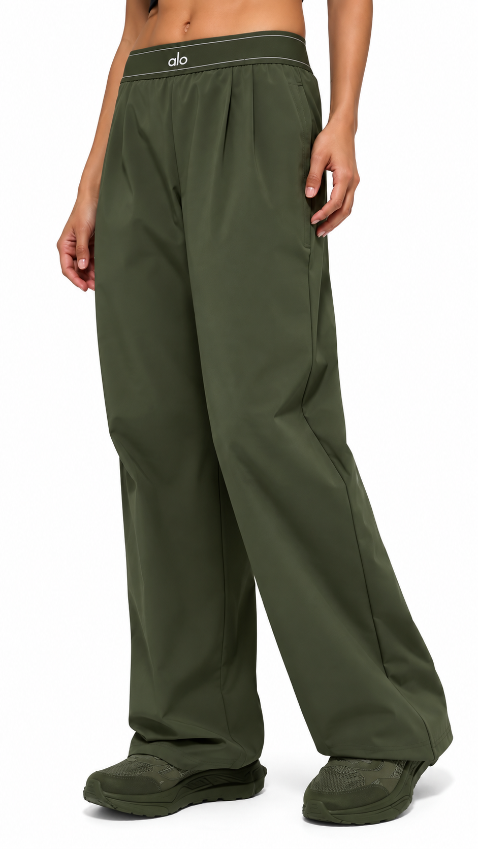 Alo Womens Suit Up Trousers Khaki Green Medium Wide Leg Pants Stretch