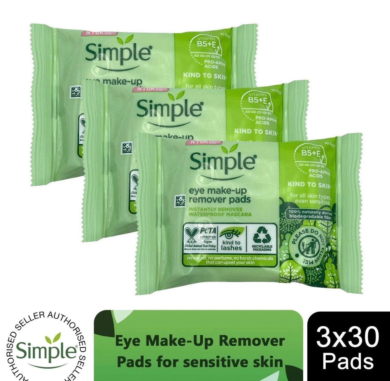 3x 30 Pads Simple Kind to Skin Eye Make-Up Remover Pads