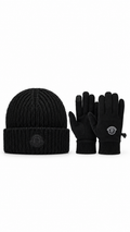Moncler Men’s Black Knit Wool Beanie & Touchscreen Gloves Set