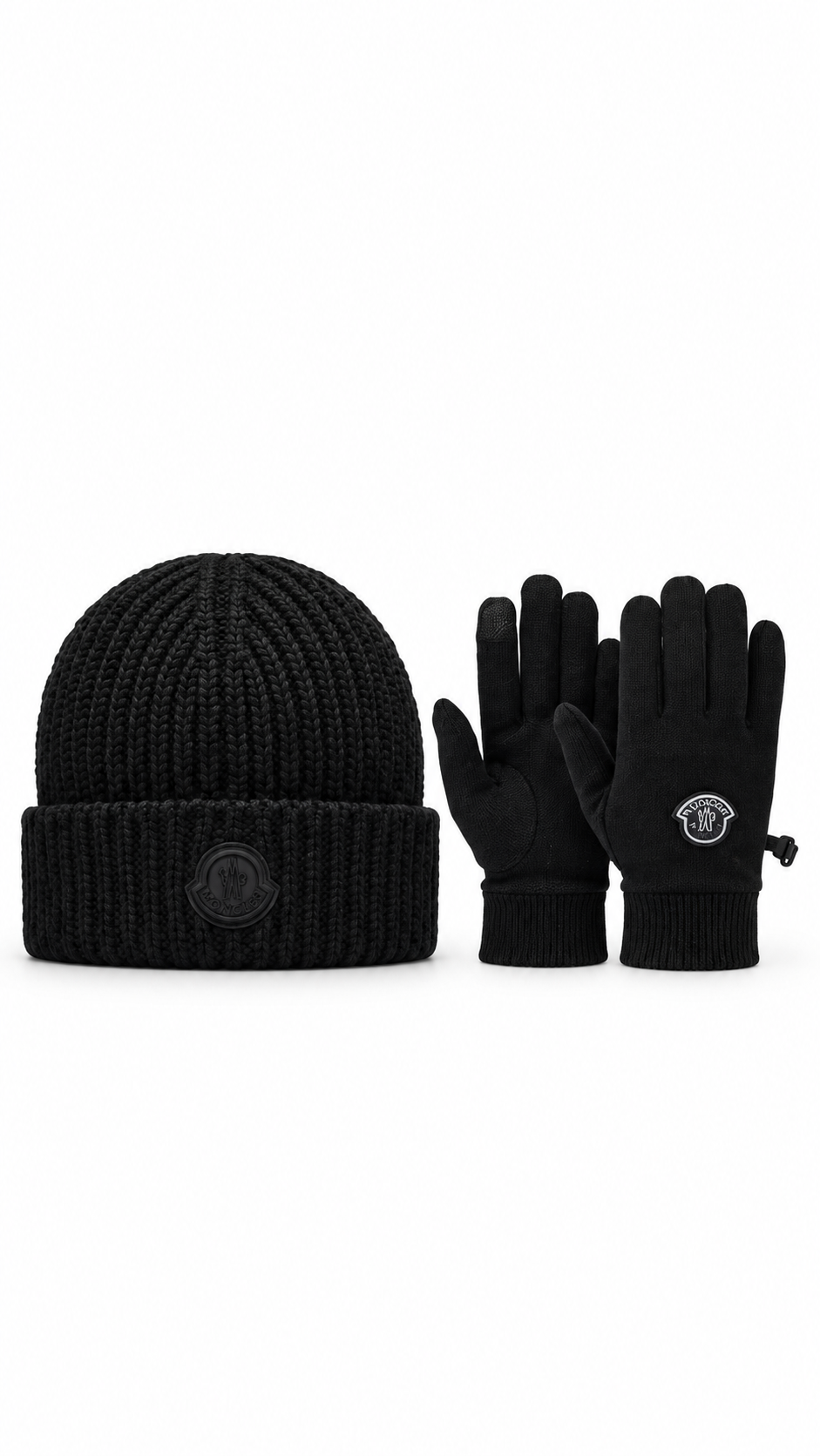 Moncler Men’s Black Knit Wool Beanie & Touchscreen Gloves Set