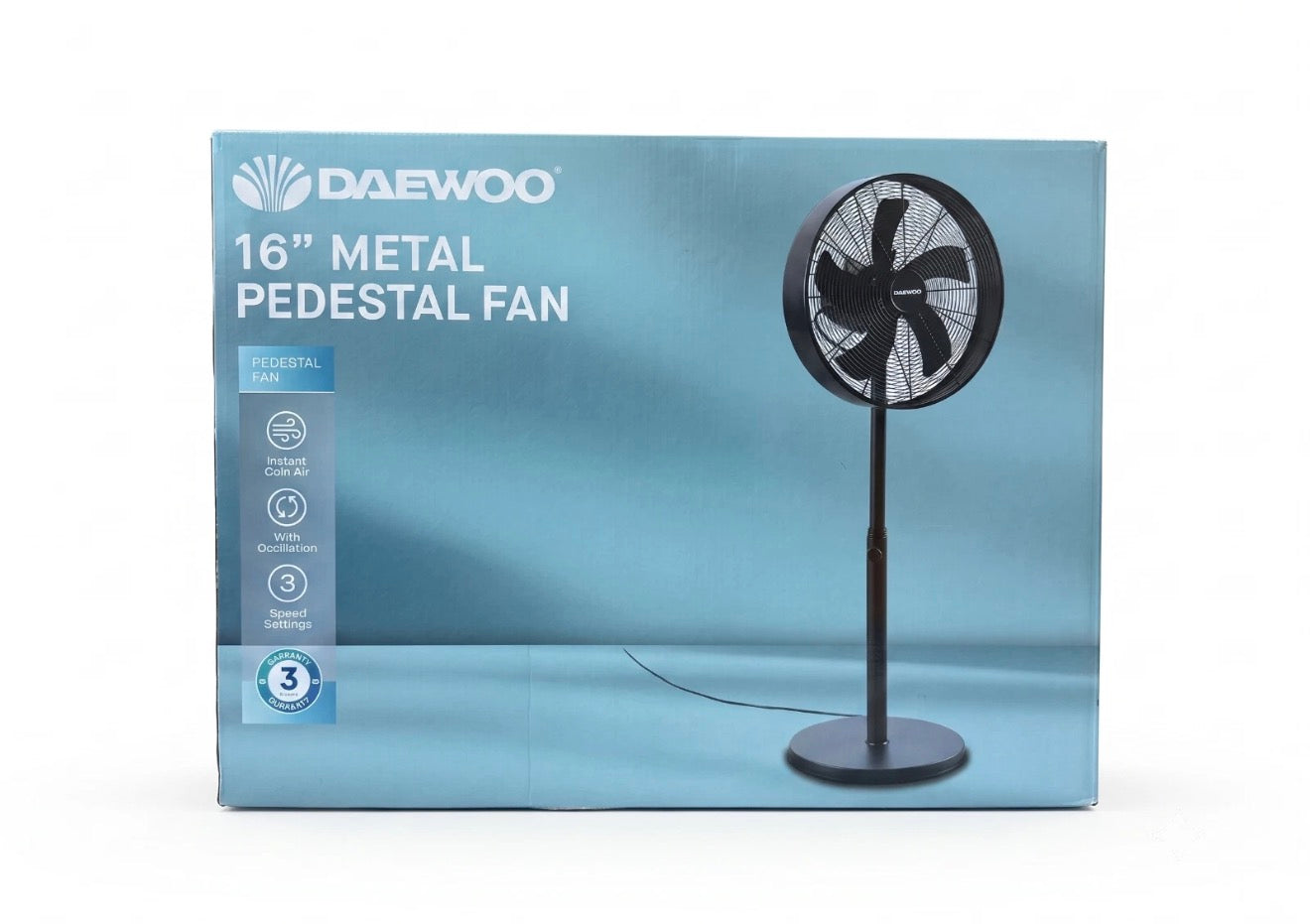 DAEWOO 16 Inch Metal Pedestal Floor Fan, Chrome Standing Fan With 5 Blades,