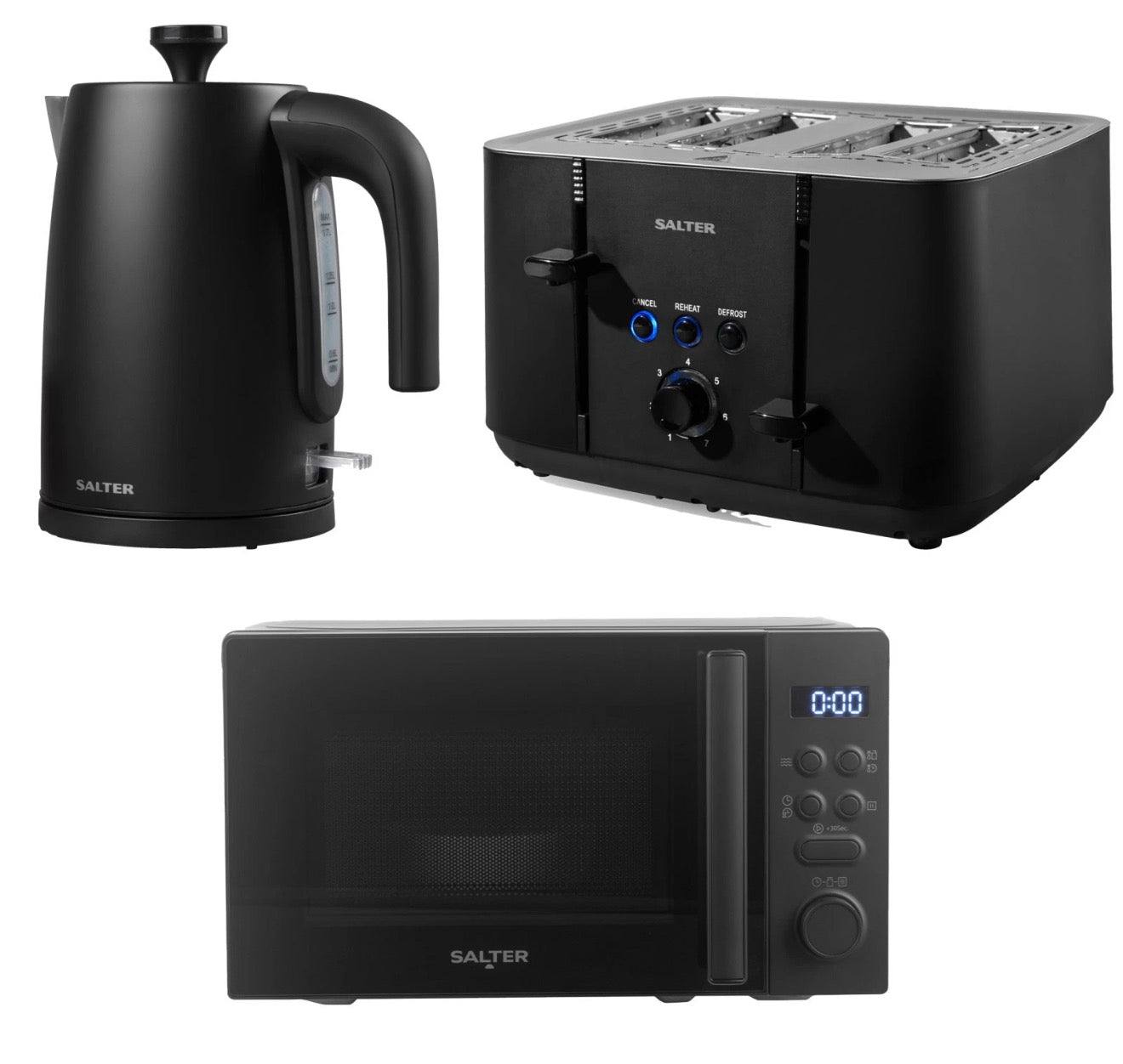 Salter 1.7L Kettle 4-Slice Toaster Microwave Set Kitchen Rapid Boil Black