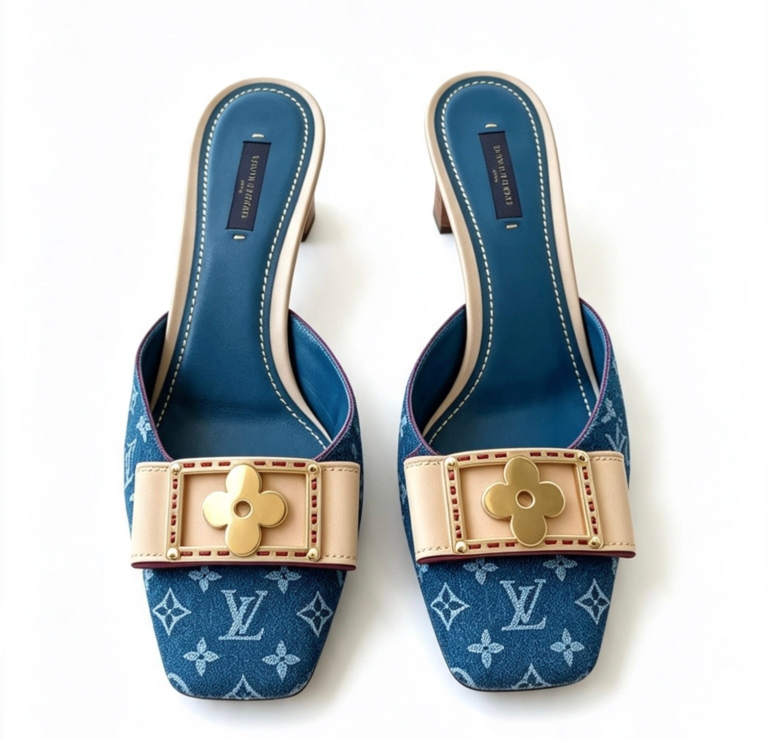 LV Vintage Monogram Denim Kitten Heels Mules Size -6