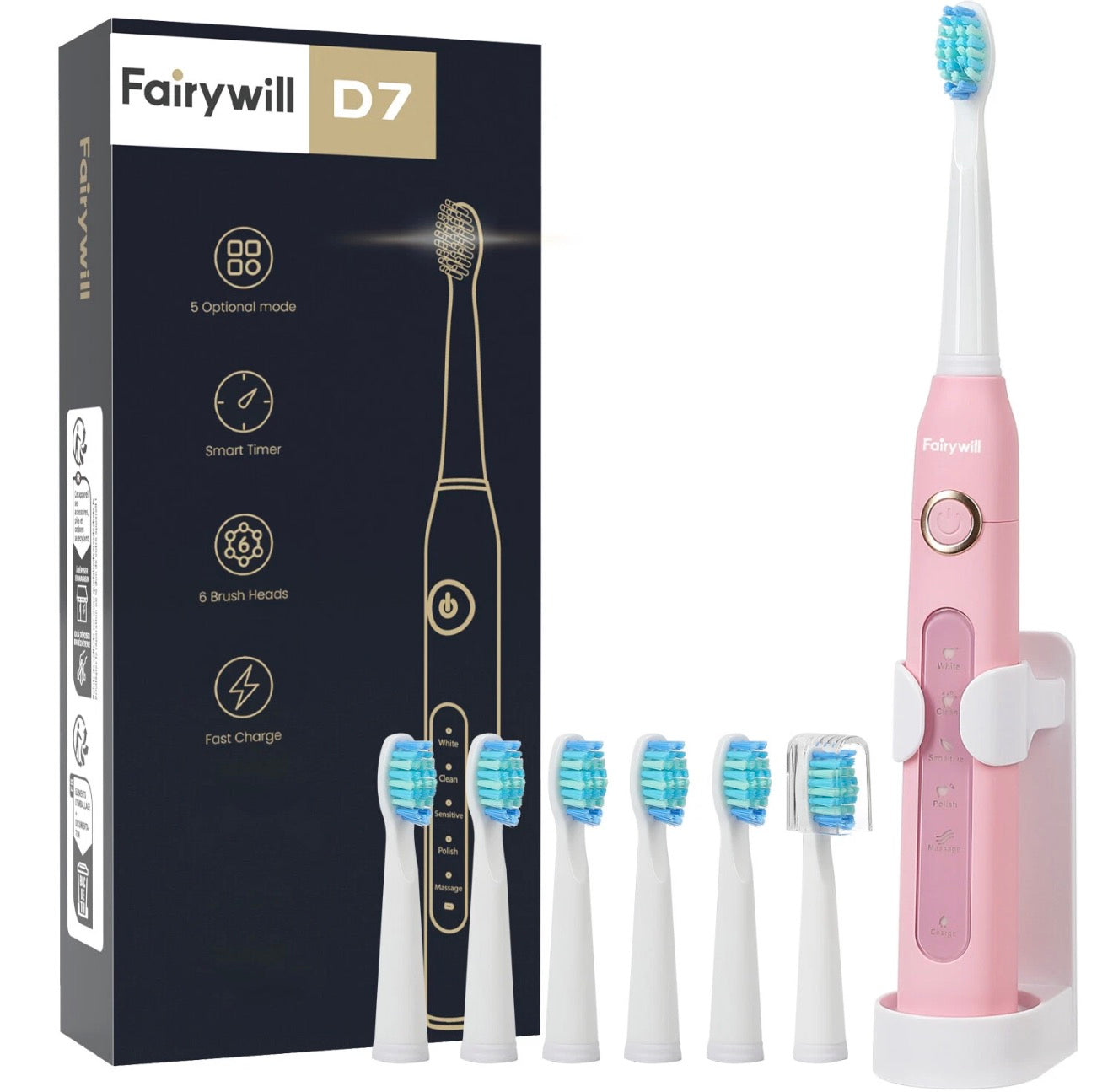 Fairywill Sonic Electric Toothbrush USB Rechargeable With 6 Brushes Head 5 Modes