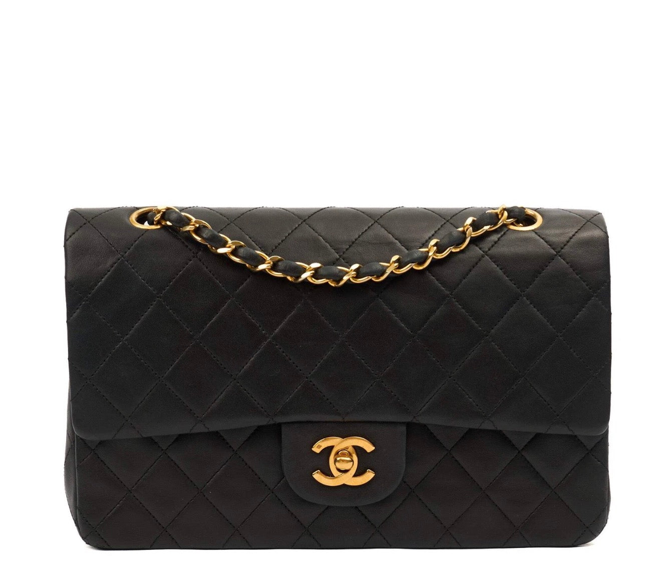Chanel 1990 Shoulder Bag Classic Double Flap - Medium in Black, Lambskin Leather - Authenticity Guaranteed