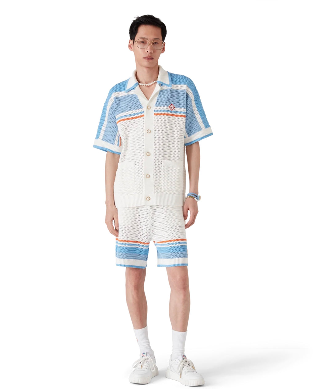 Casablanca Cotton Tennis Short-Sleeve Crochet Shirt Blue ⚫️☑️