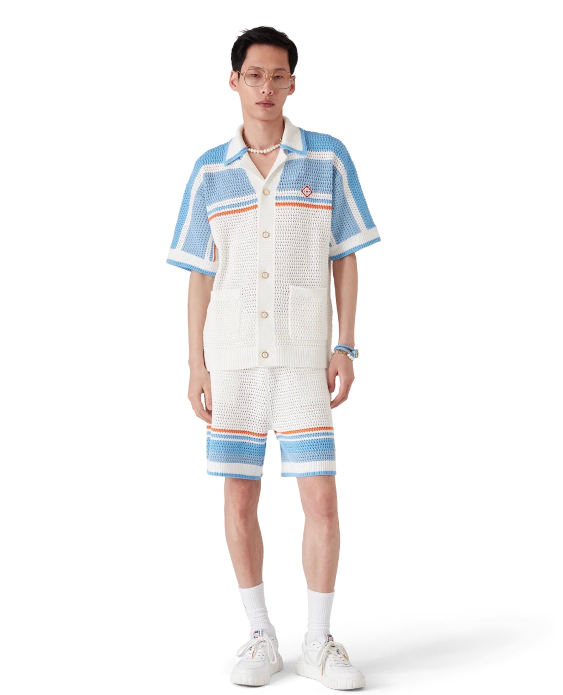 Casablanca Cotton Tennis Short-Sleeve Crochet Shirt Blue ⚫️☑️