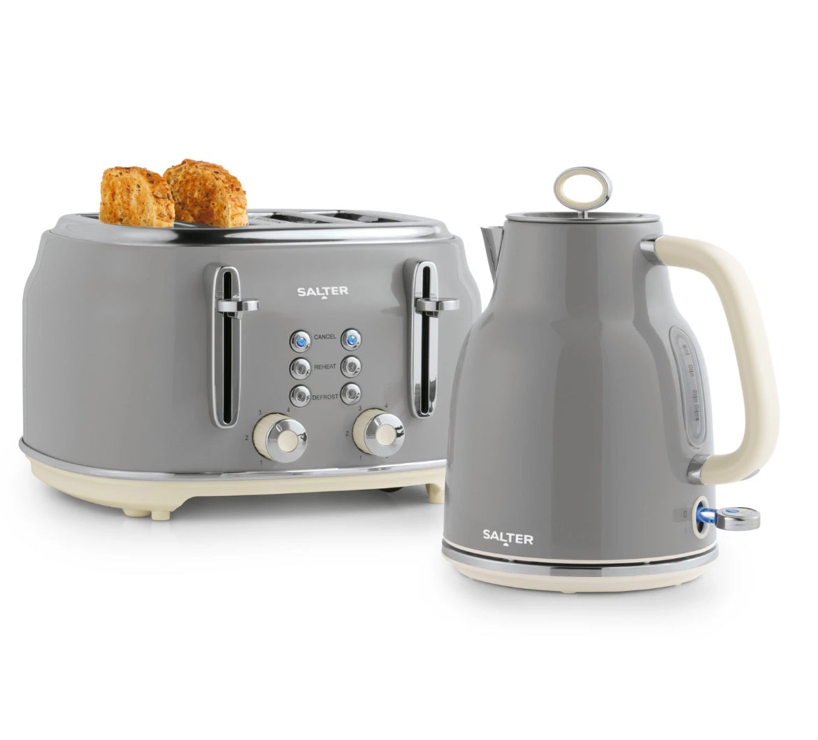 Salter Retro Kettle & Toaster Set 1.7L Fast Boil 4-Slice Wide Slots Grey