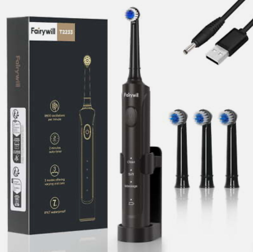 Fairywill Rotating Sonic Electric Toothbrush USB Rechargeable 4 Brush Head Timer