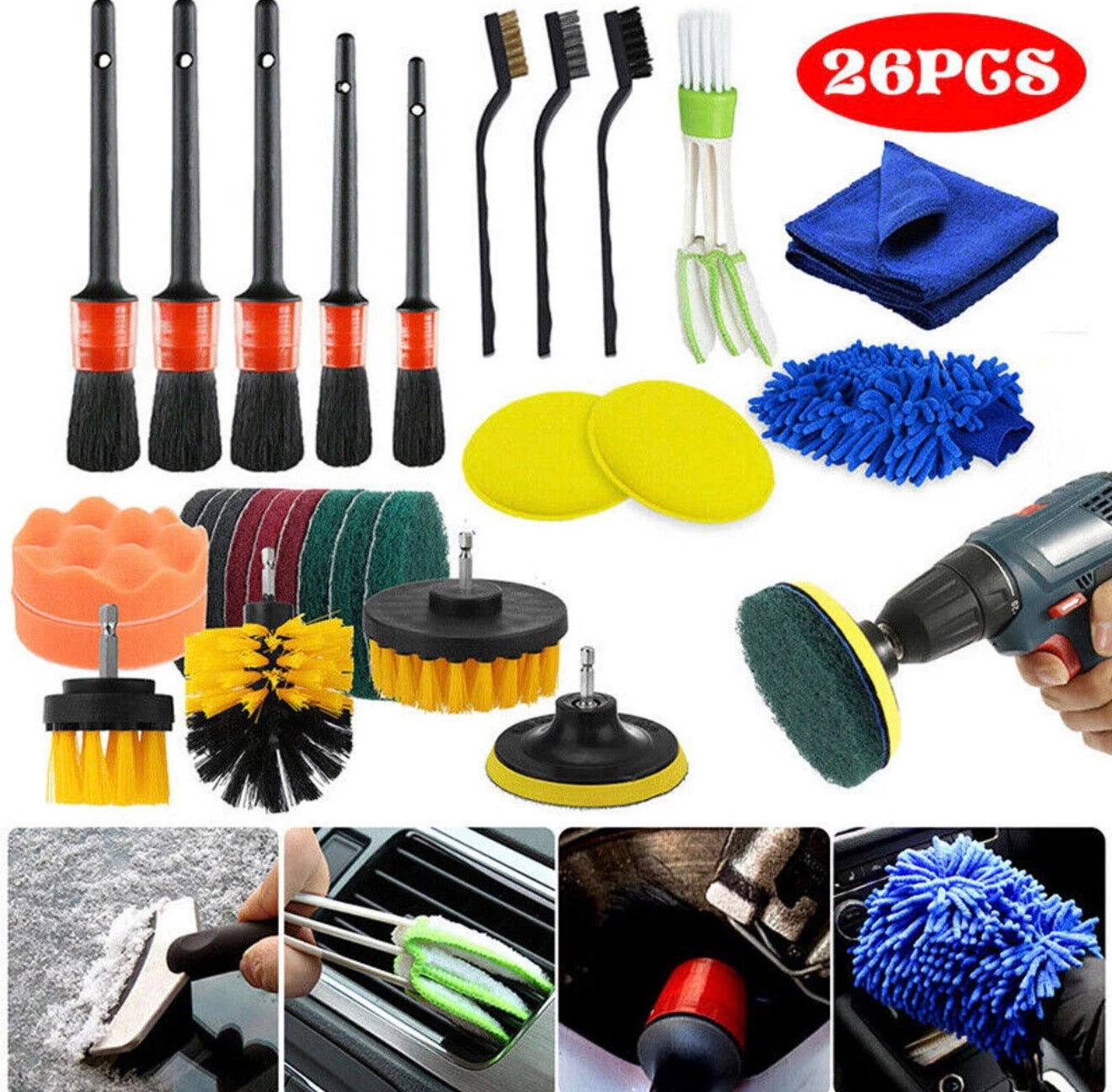 26PCS Car Detailing Brush Set Soft Brushes Car Wheel Interior Cleaning Kit