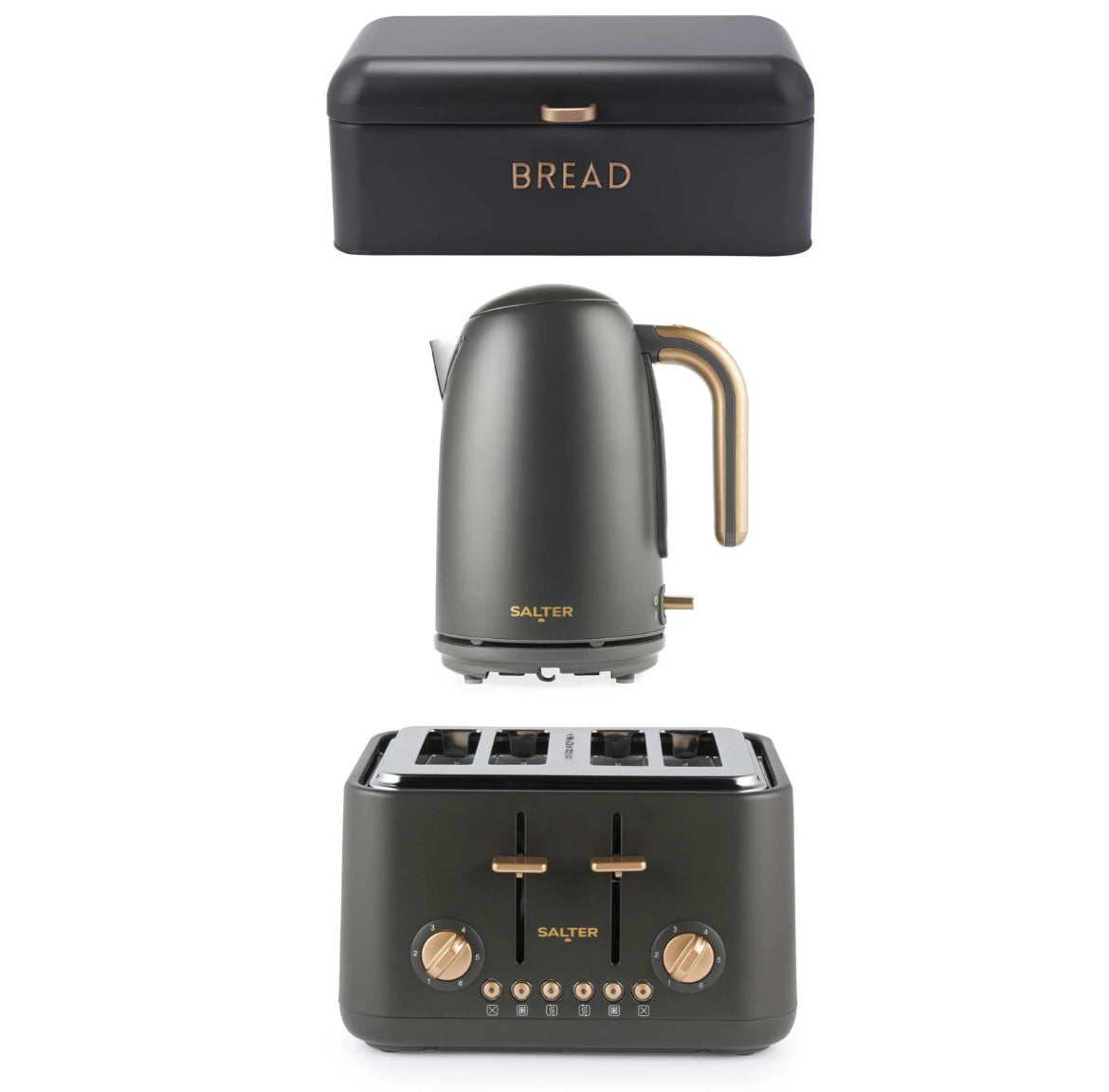 Salter Pebble 1.7L Fast Boil Kettle 4-Slice Toaster & Carbon Steel Bread Bin Set