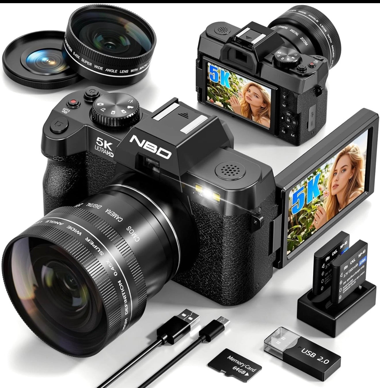 NBD Digital Cameras 5K 48MP Autofocus Vlogging Camera for YouTube with 32GB TF