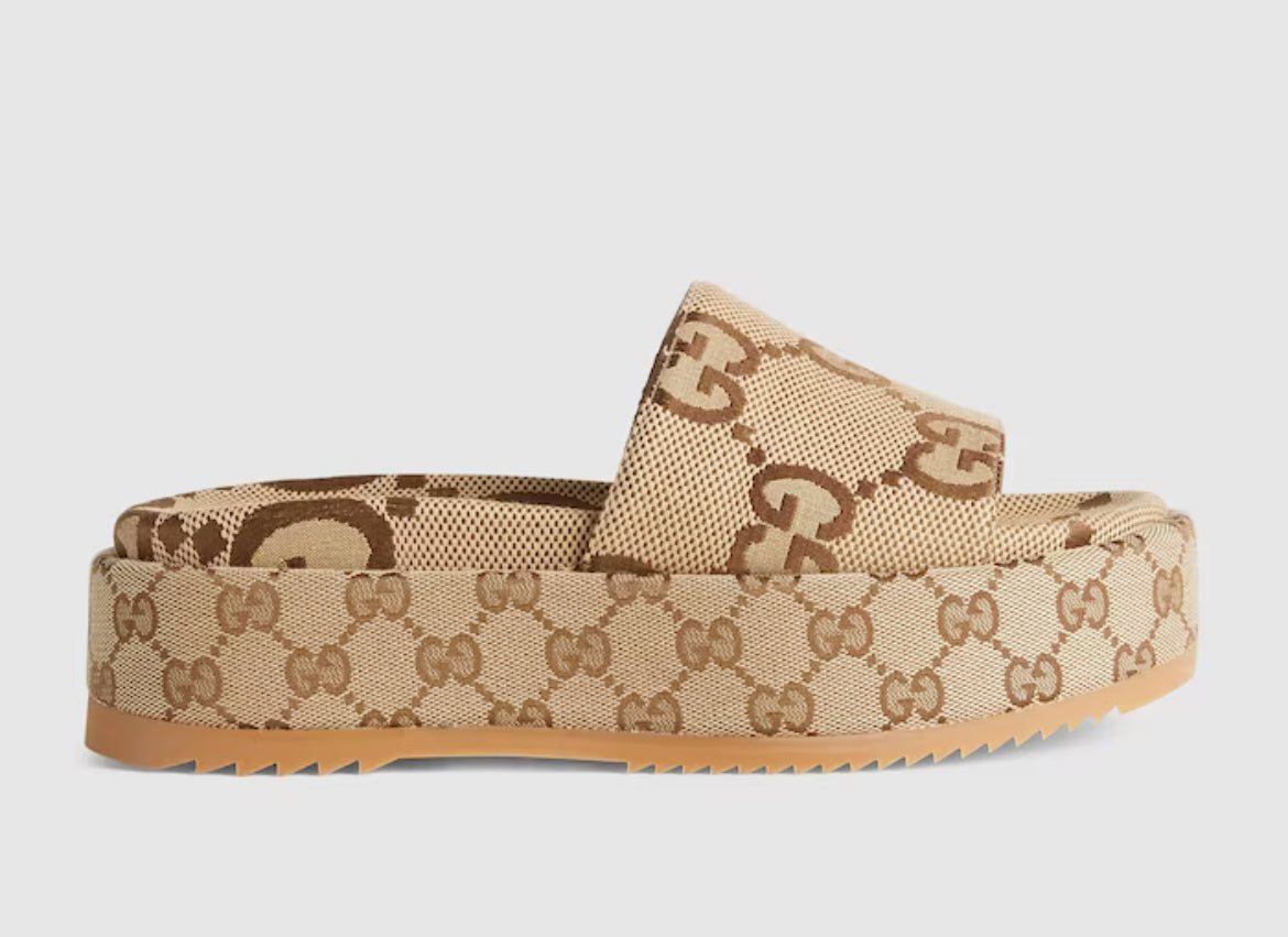 Gucci GG Canvas Platform Slides Beige Brown Monogram Sandals☑️