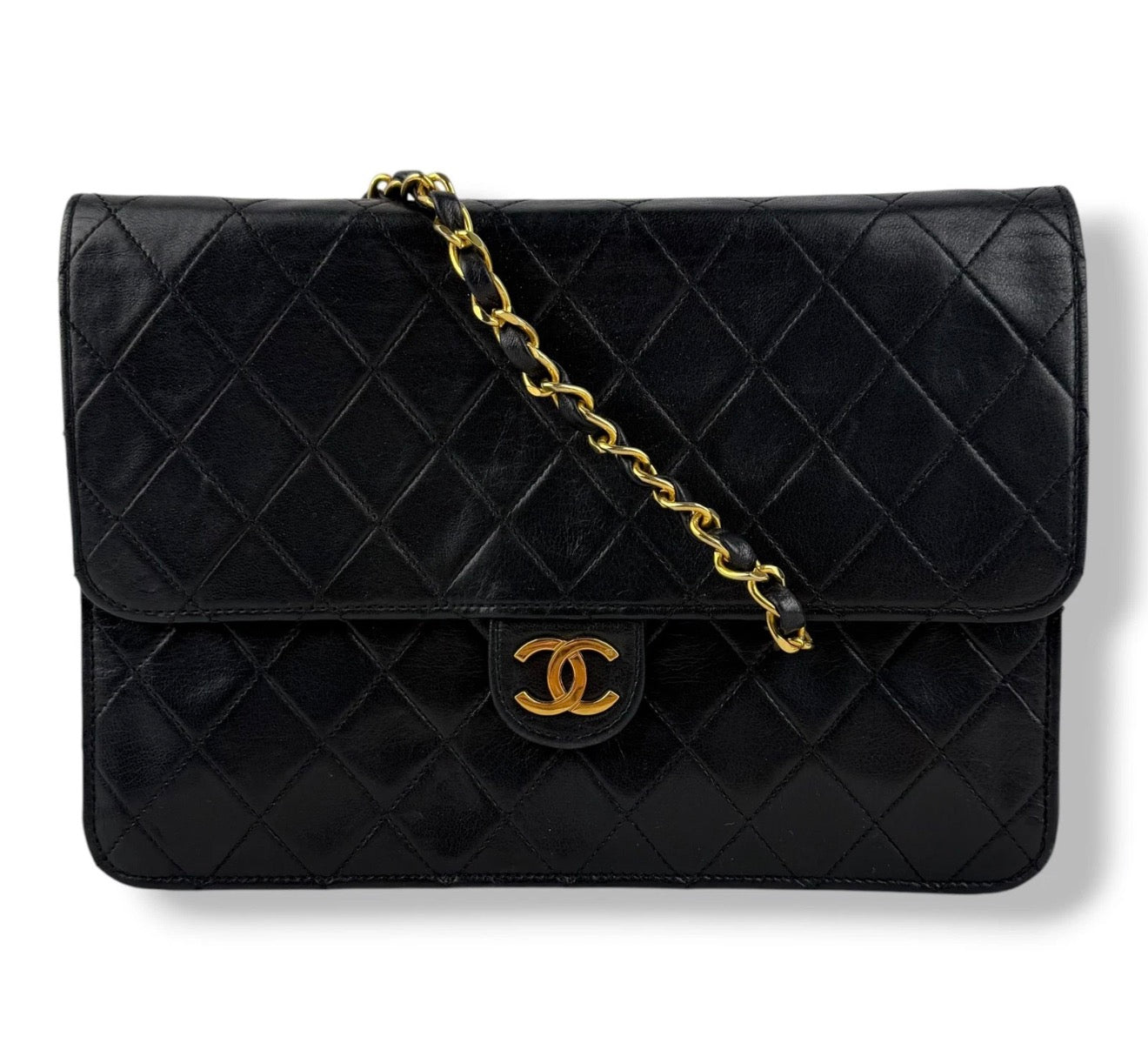 Chanel CC Black Push Lock Single Flap Quilted Lambskin Shoulder Handbag - Authenticity Guarantee