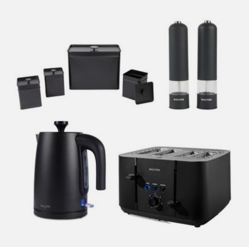 Salter Kuro 8-Piece Countertop & Seasoning Set –Kettle Toaster Mills & Canisters