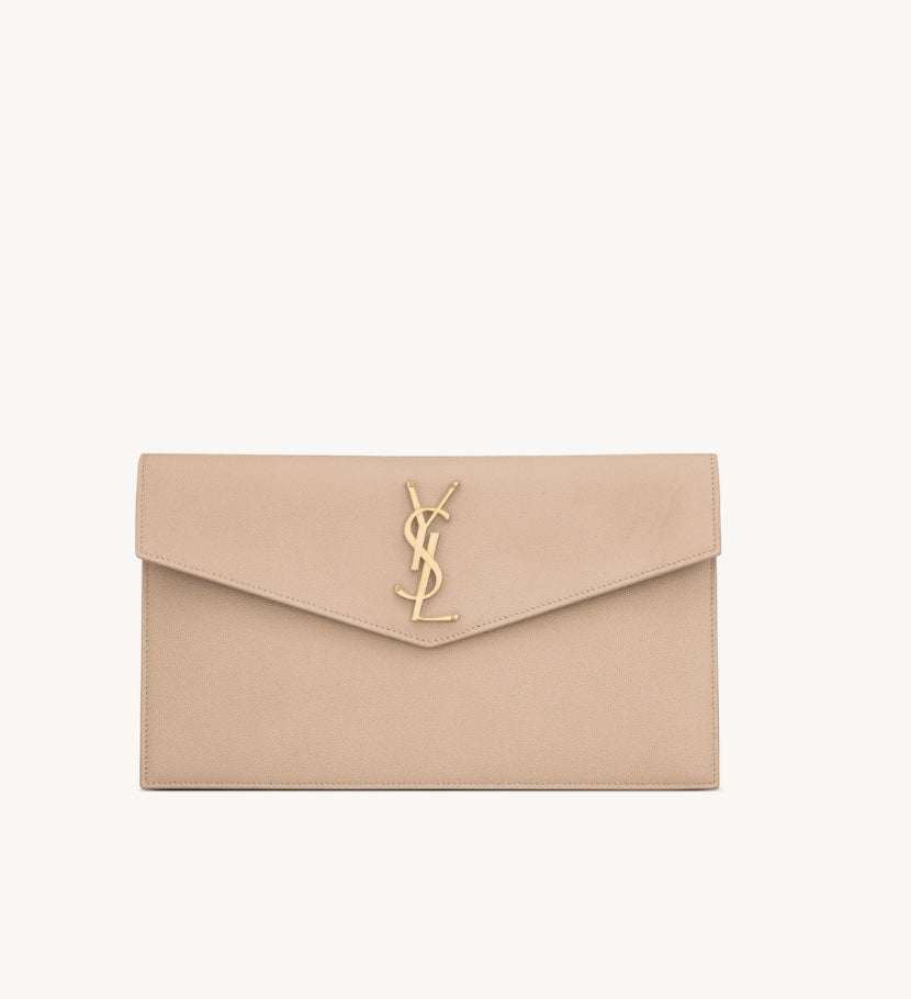 Ysl Uptown Pouch In Grain de Poudre Leather Womens Clutch Bag Dark Beige☑️