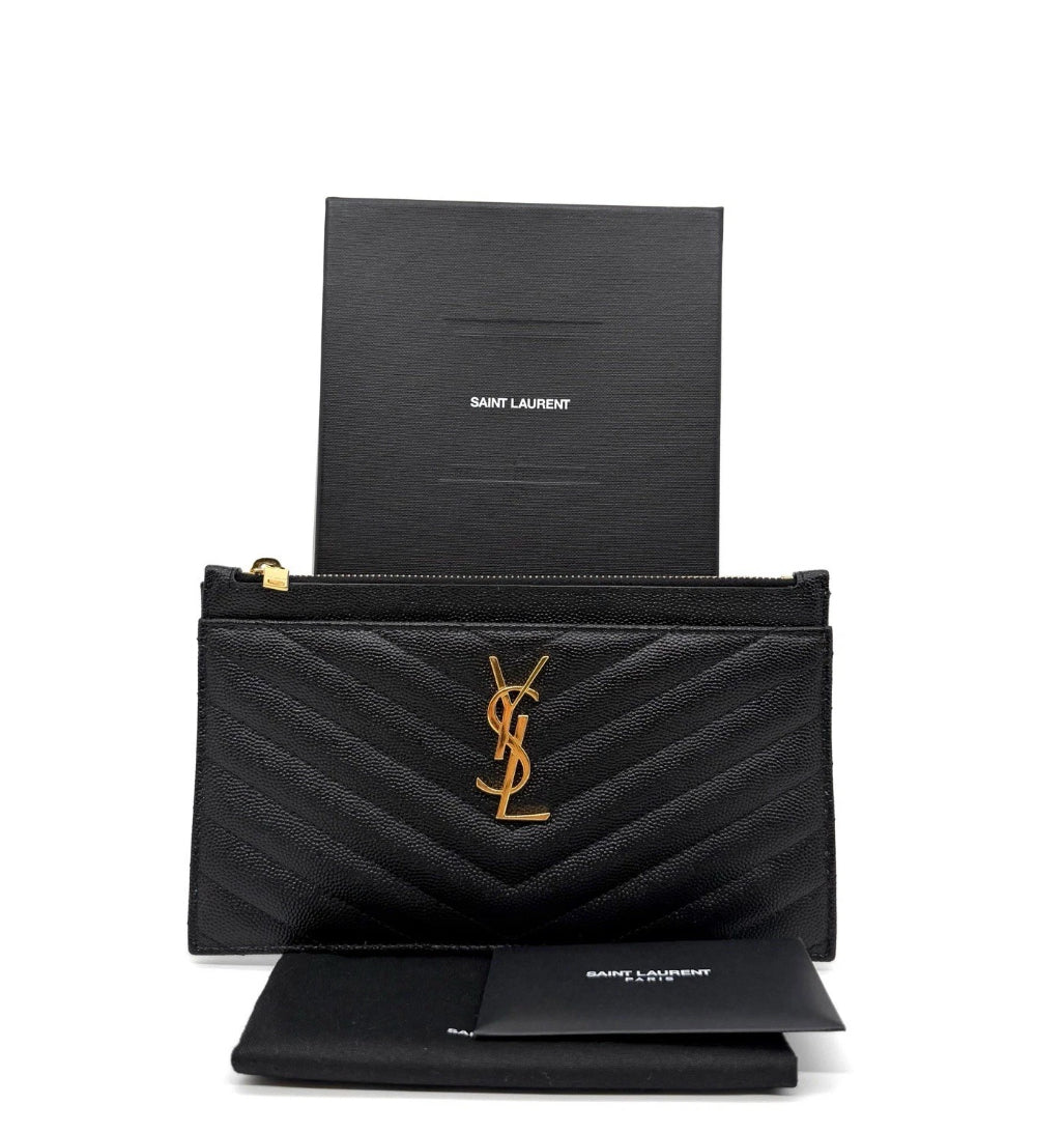 Saint Laurent YSL Cassandre Monogram Zip Bill Pouch Clutch Bag Black / Gold