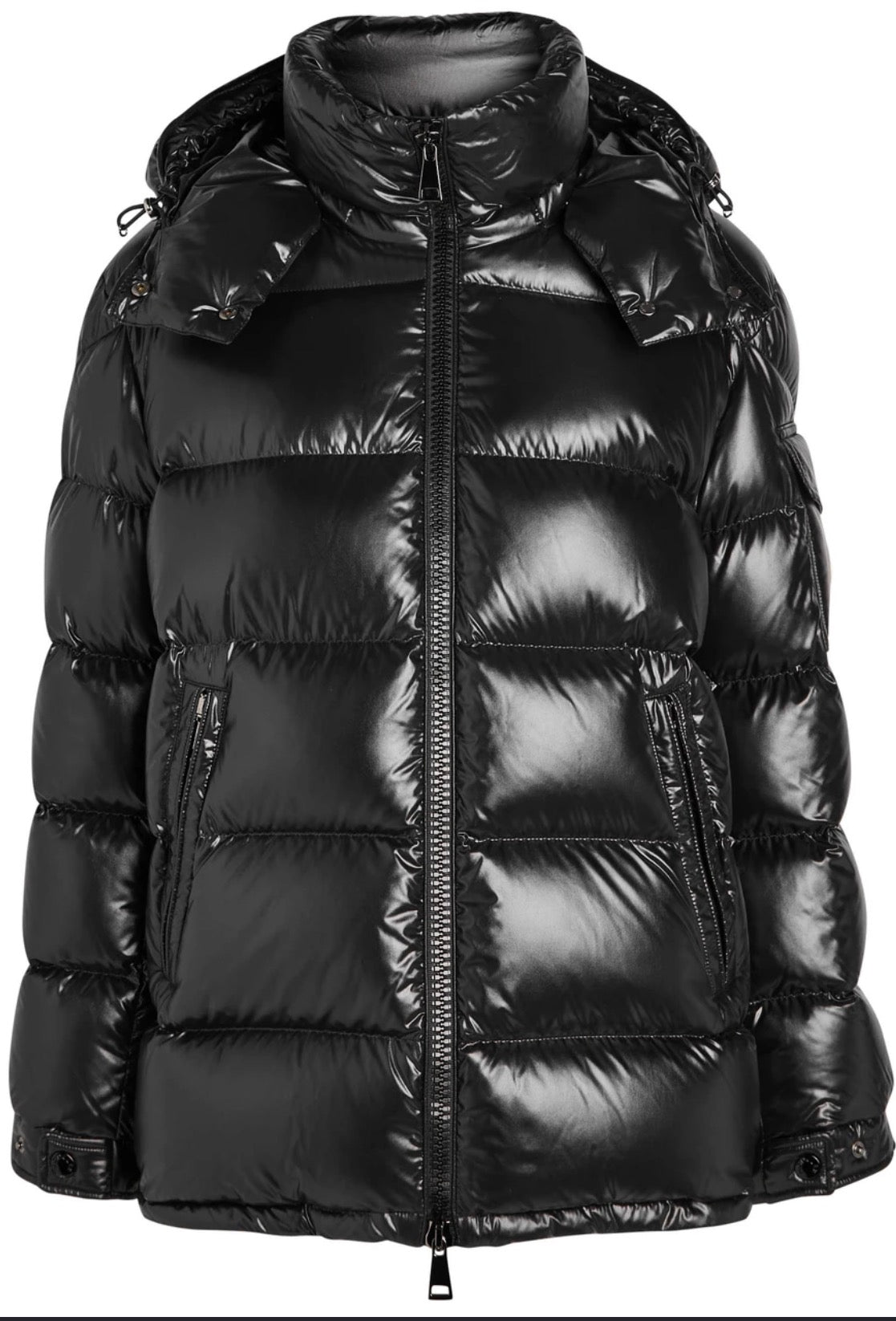 Moncler Women's Black Glossy Maire Hooded Short Down Puffer Jacket Size 0 UK 8 - Authenticity Guarantee