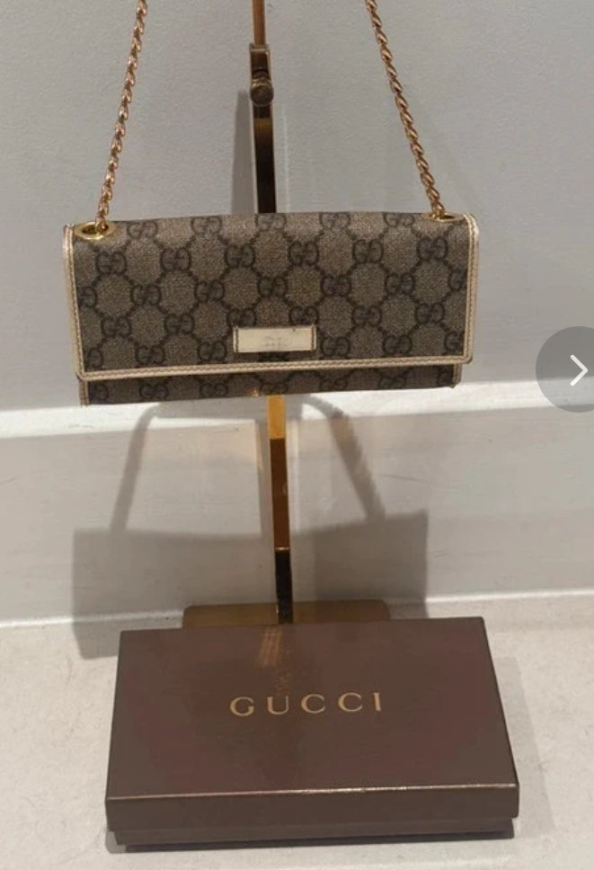 Gucci GG Canvas Wallet on Chain Bag with Gold Hardware & Cream Trim☑️