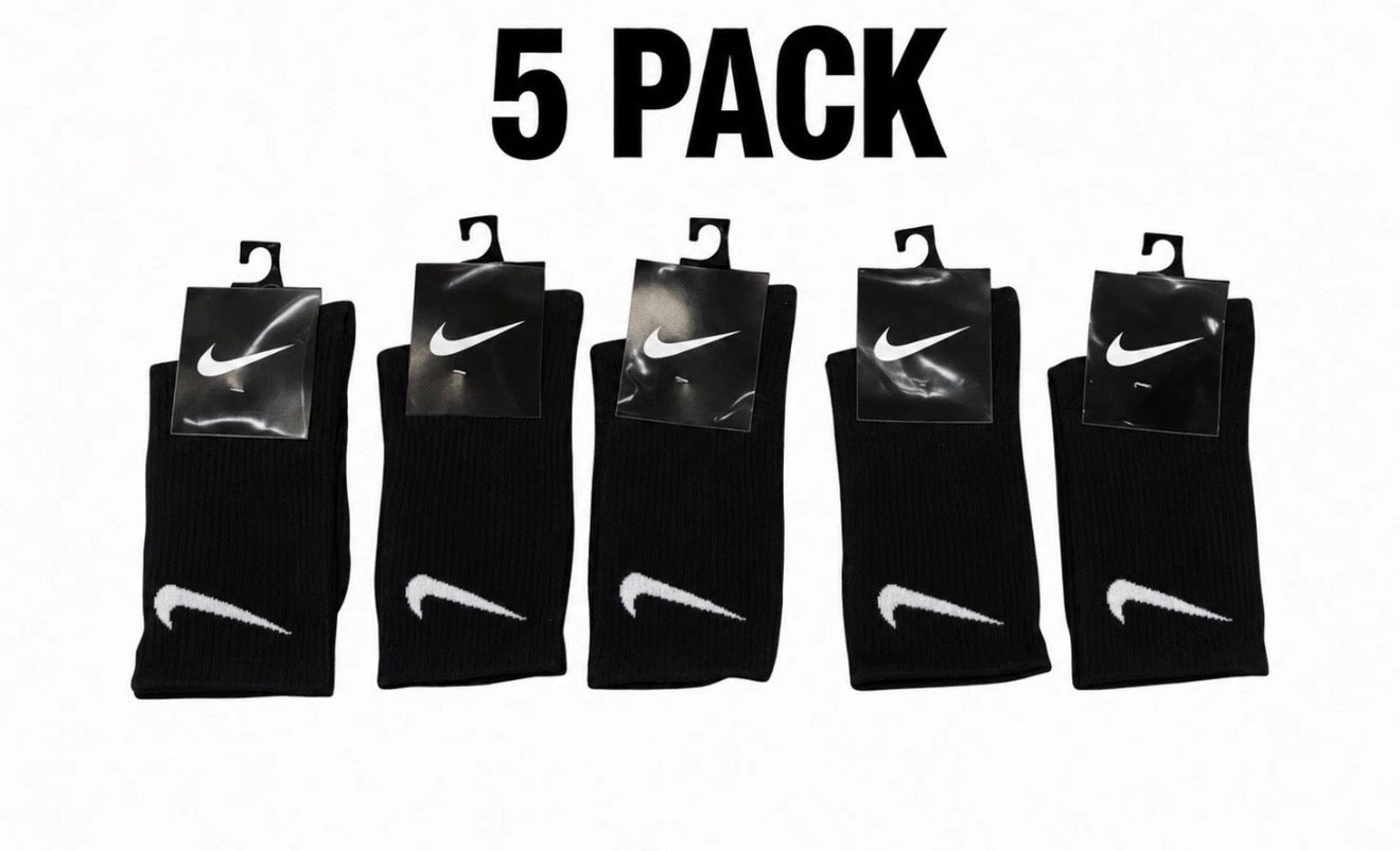 Nike Socks Mens Womens Long Sports Cotton Crew Socks Black 5 Pack